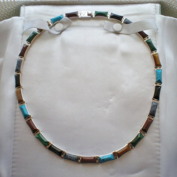 Vintage Mexico Sterling Silver 950 Multi Gem Lapis Turquoise Malchite Necklace